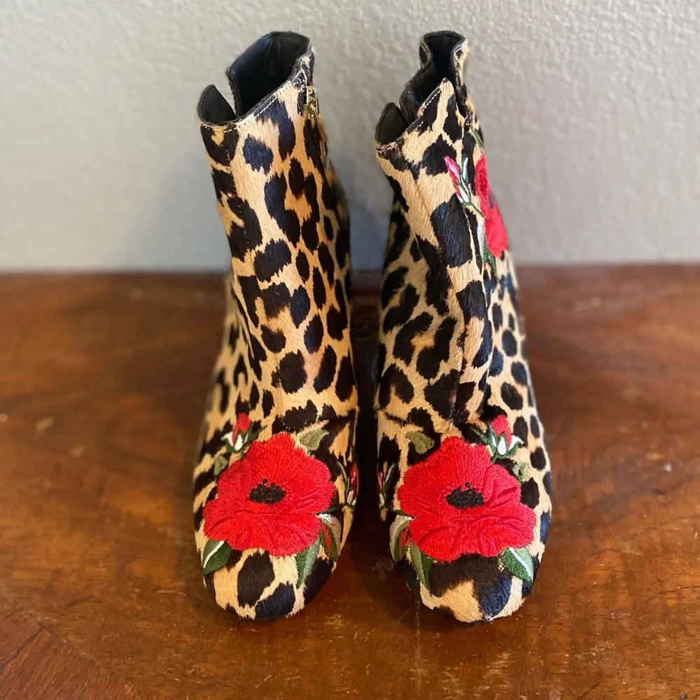 Kate Spade Langton Cow Hair Leopard Print Boots Red Floral Embroidered Accent